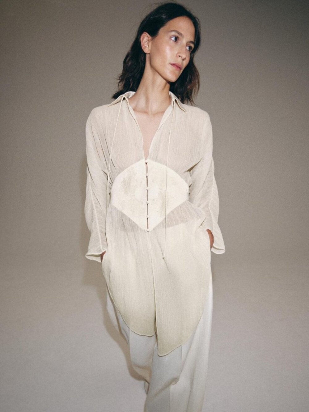 Zara Sheer Cream Button-Front Blouse - Picture 2 of 10